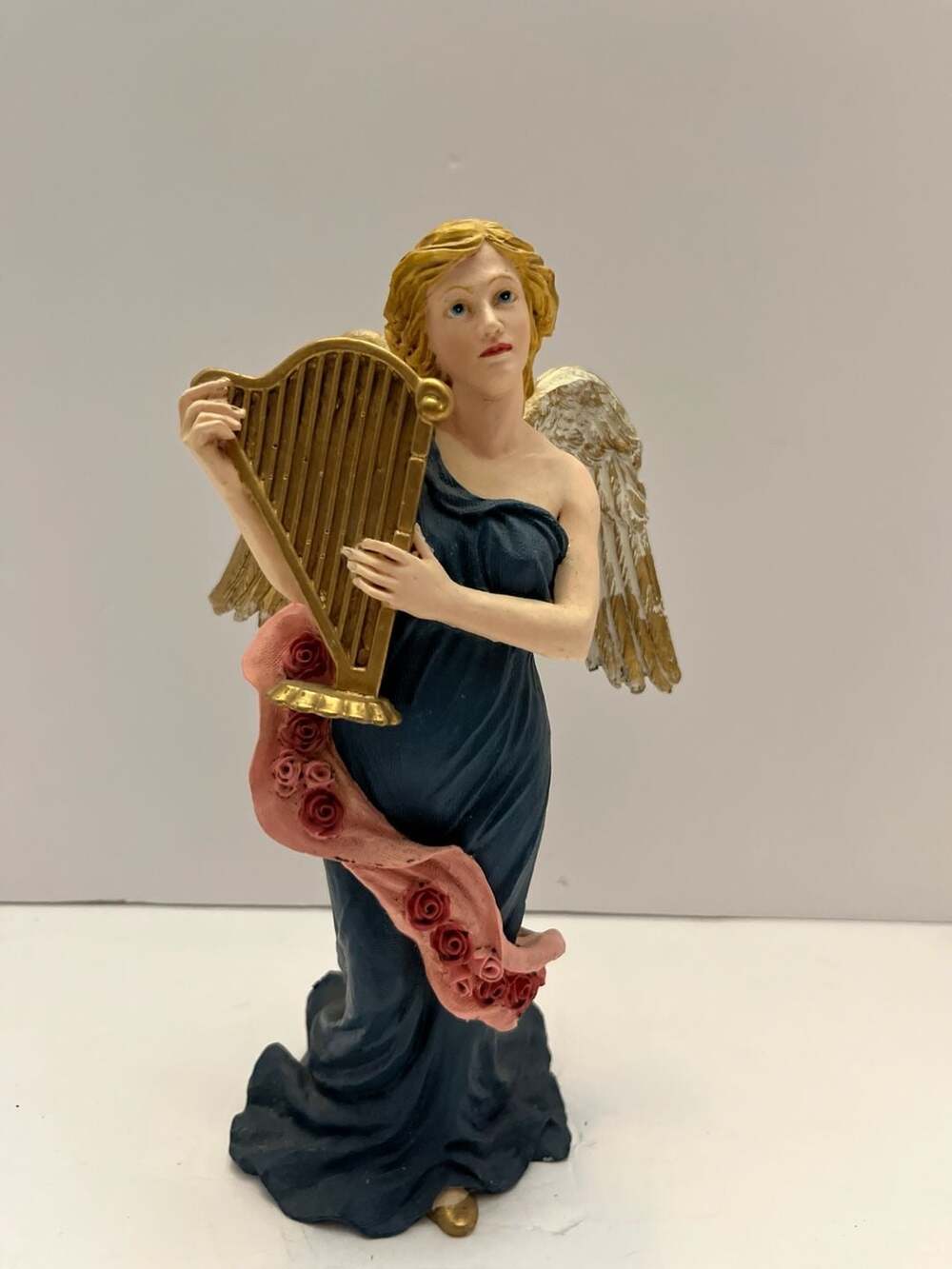 Vintage Angel Figurine Playing Golden Harp with Pink Rose Ribbon
